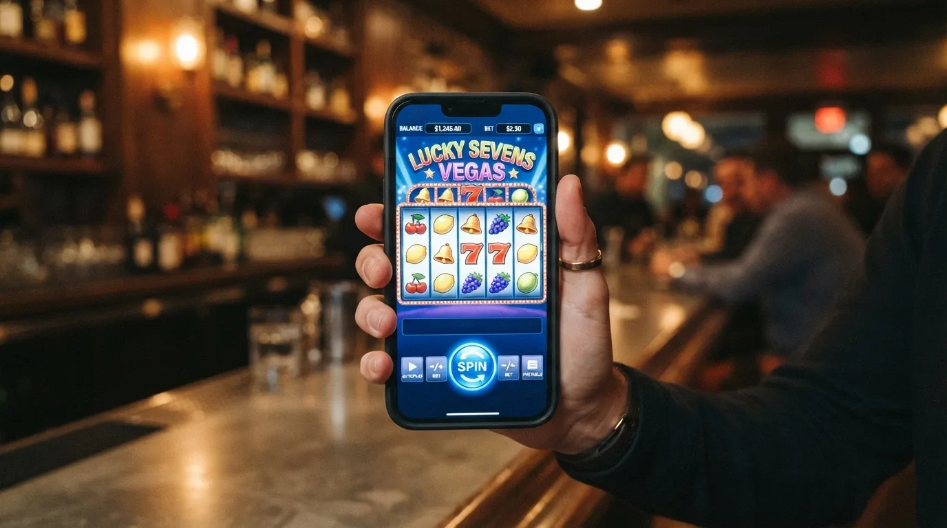 Una mano che tiene uno smartphone in verticale con una slot machine a schermo intero, sullo sfondo un ambiente da bar o salotto