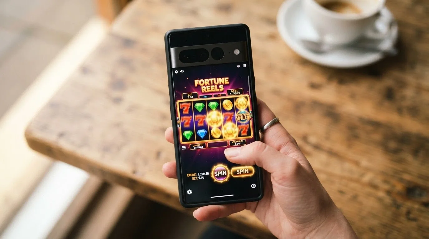 Una mano che tiene uno smartphone con l'interfaccia di un casino online italiano e una slot in esecuzione