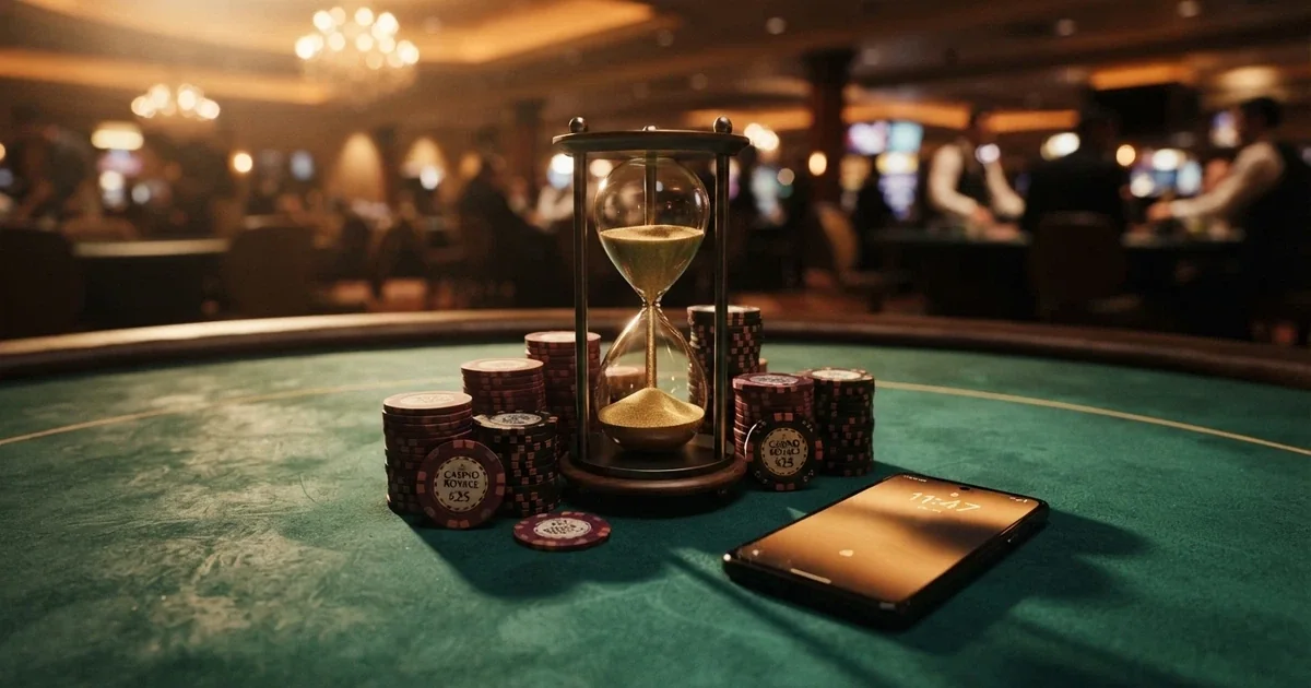 Un tavolo da gioco virtuale con una clessidra e fiches, sullo sfondo il logo di un casinò online e una scritta «bonus senza deposito» in evidenza