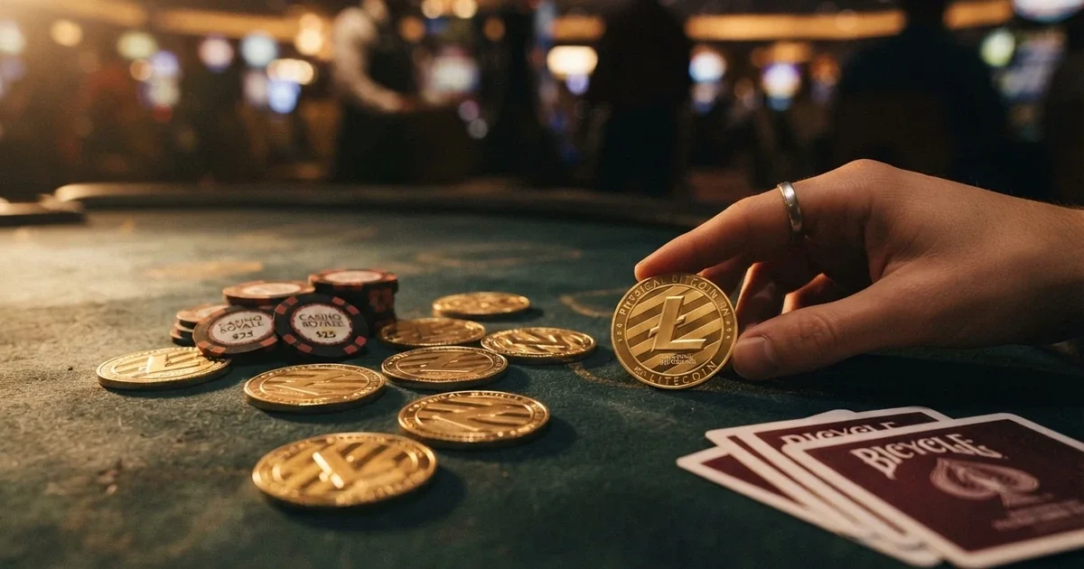 Monete Litecoin dorate su un tavolo da casinò virtuale con chip e carte da gioco