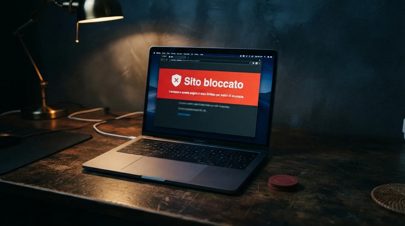 Lo schermo di un computer con un alert di blocco DNS accanto alla schermata di un casinò online senza concessione, in contrasto visivo
