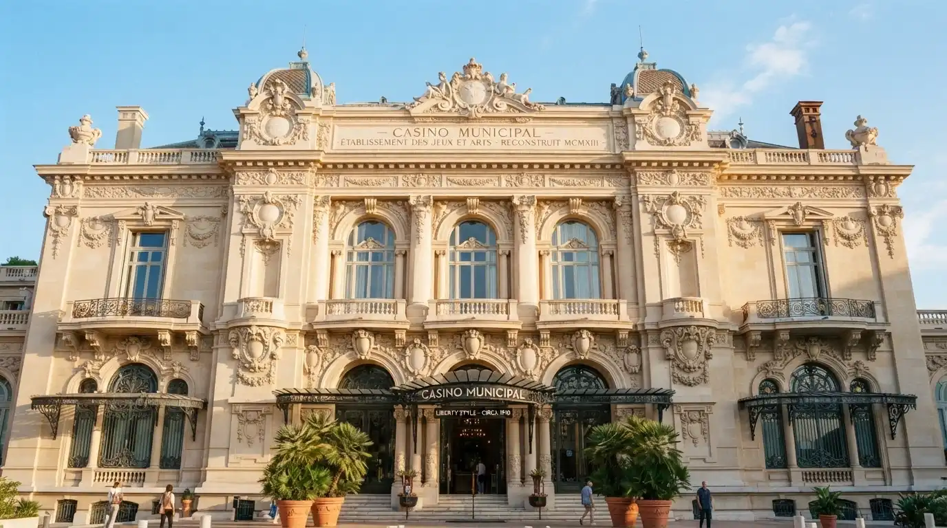 Veduta frontale dell'edificio del Casinò di Sanremo con i dettagli architettonici Belle Époque e la scritta storica sulla facciata