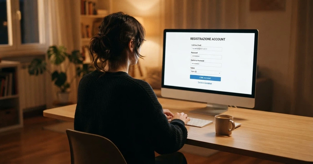 Un giocatore di spalle davanti allo schermo di un computer, con l'interfaccia di registrazione di un casinò online visibile, senza documenti sul tavolo