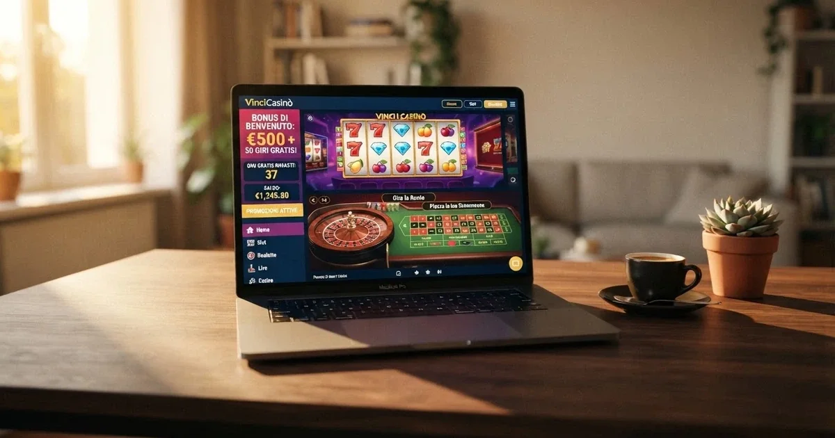 Interfaccia di un casinò online con licenza internazionale su schermo, con sezione bonus in evidenza