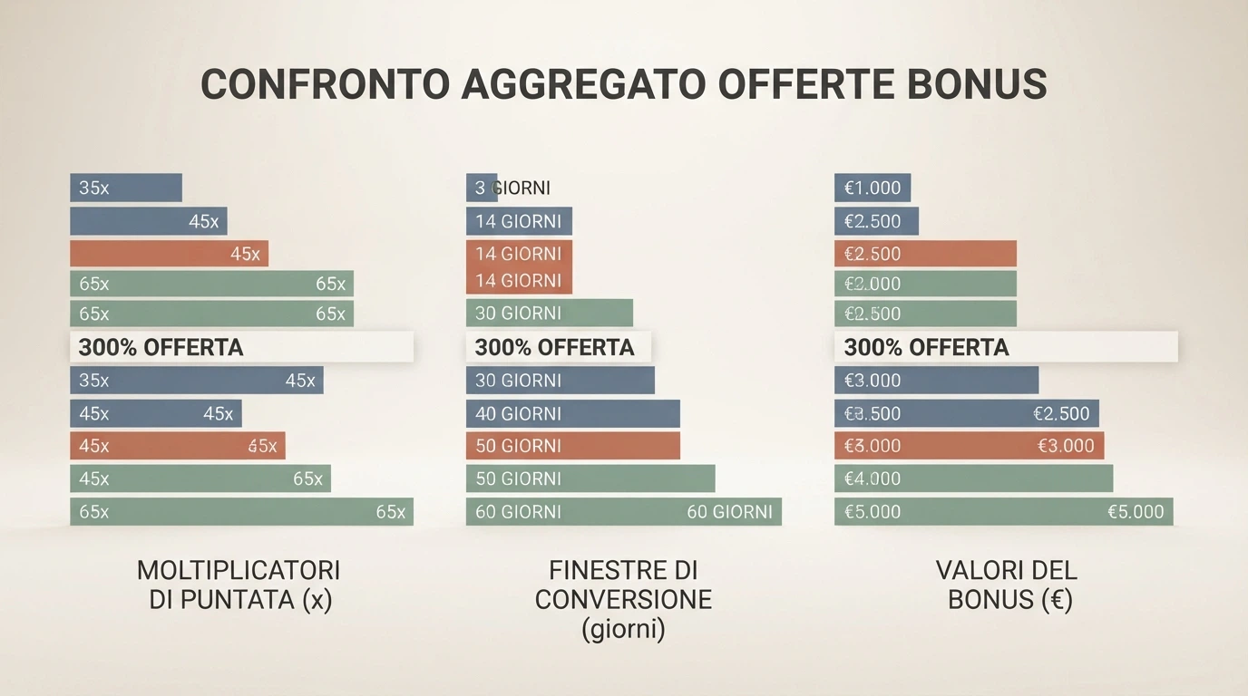 Tabella visiva che confronta i 10 operatori ADM con barre colorate per wagering, finestra e valore bonus