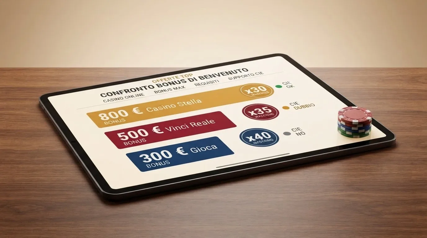 Una schermata di confronto con le card dei principali casinò ADM che mostrano bonus, wagering e supporto CIE