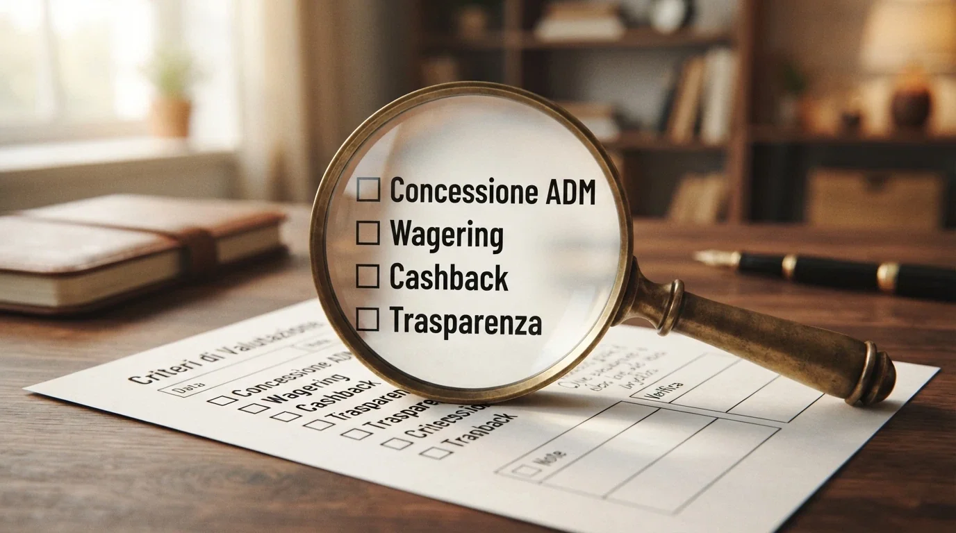 Una lente di ingrandimento su una lista di criteri di valutazione: concessione ADM, catalogo bonus ricorrenti, condizioni di wagering e validità