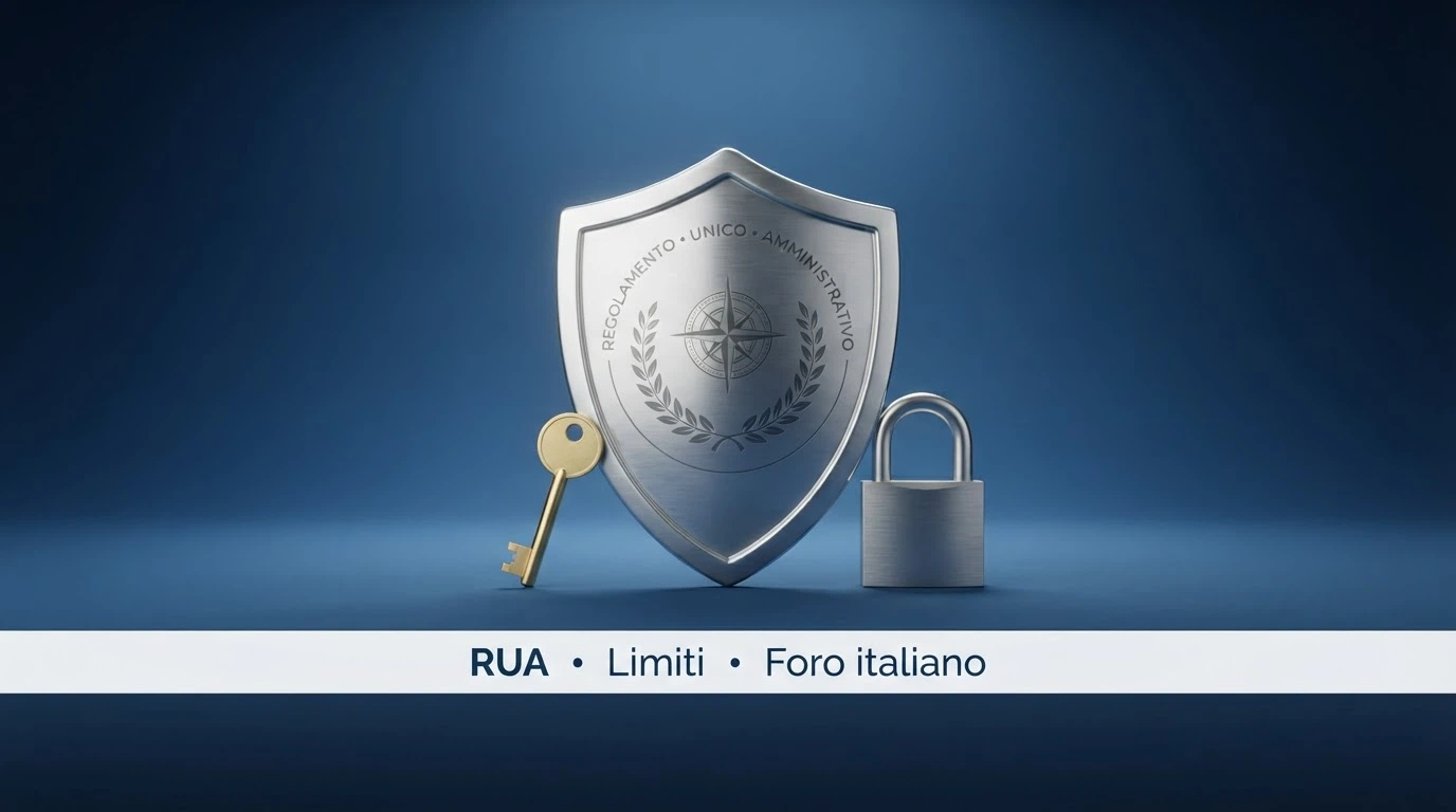 Il logo dell'ADM accanto a un elenco di tutele: RUA, limiti di deposito, foro legale italiano