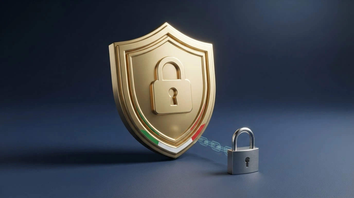 Il logo ufficiale dell'Agenzia delle Dogane e dei Monopoli accanto alla bandiera italiana e al simbolo del lucchetto di sicurezza
