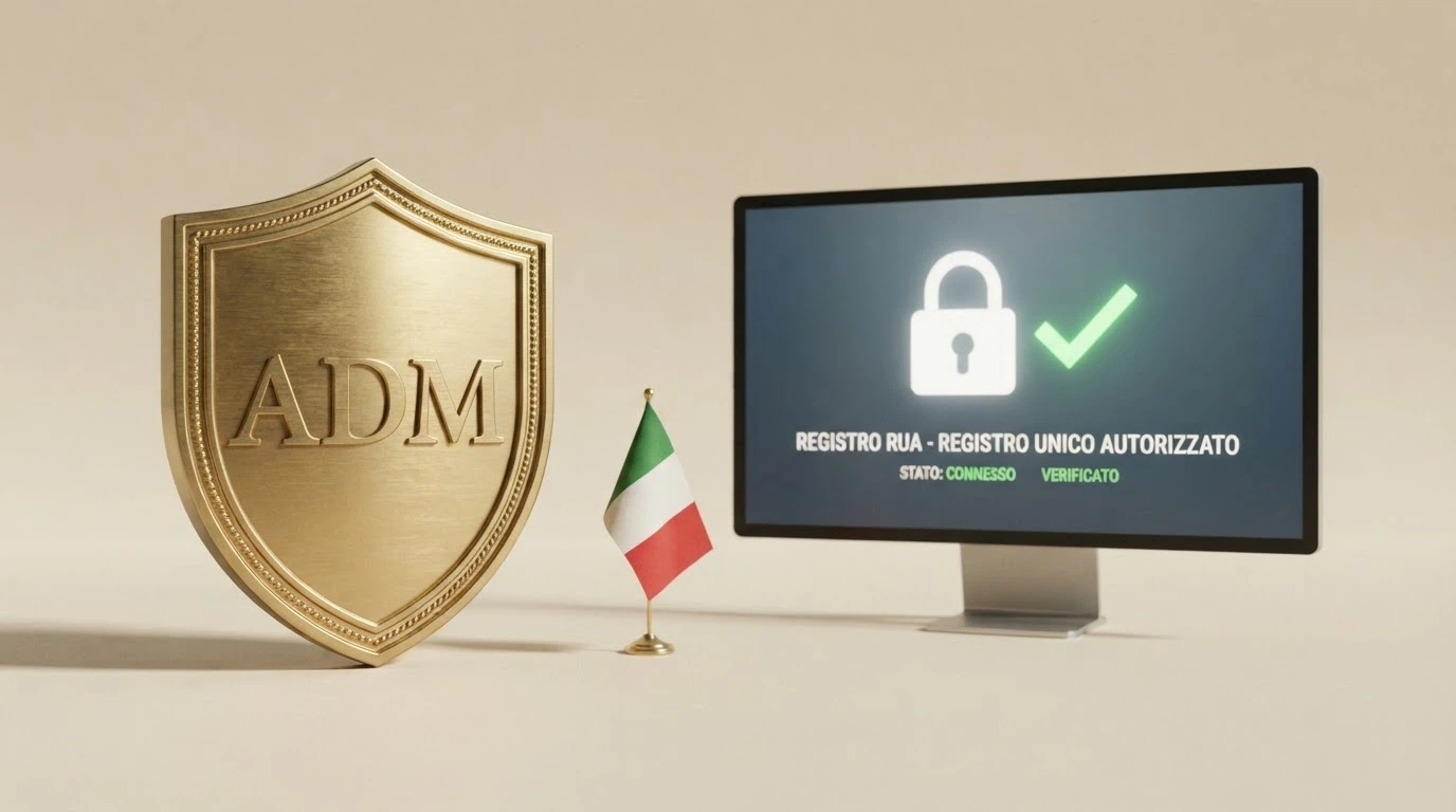 Un badge ufficiale con la scritta «ADM — Concessione» accanto a uno schermo con il lucchetto del RUA e la bandiera italiana