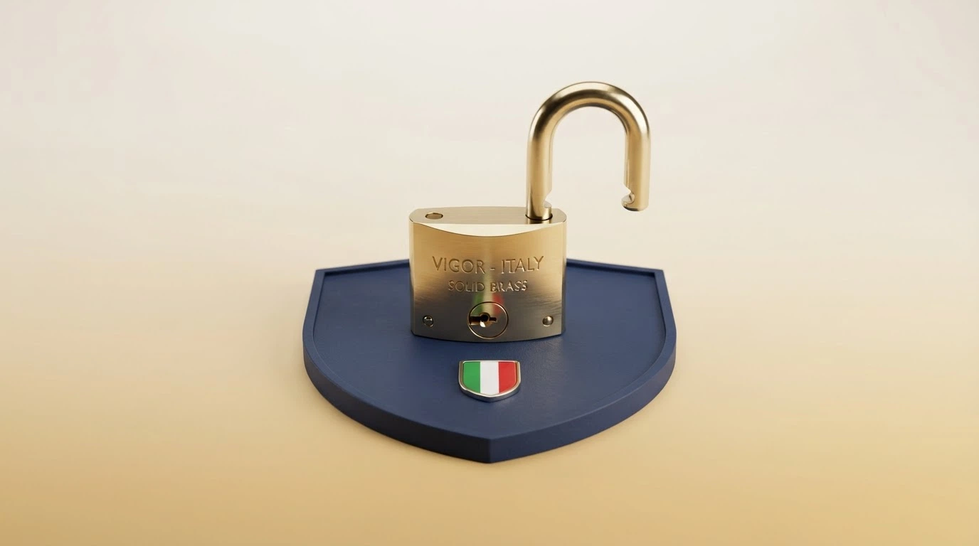 Il logo ufficiale dell'Agenzia delle Dogane e dei Monopoli accanto a un lucchetto aperto e alla bandiera italiana, in una composizione che richiama il concetto di gioco regolamentato e sicuro