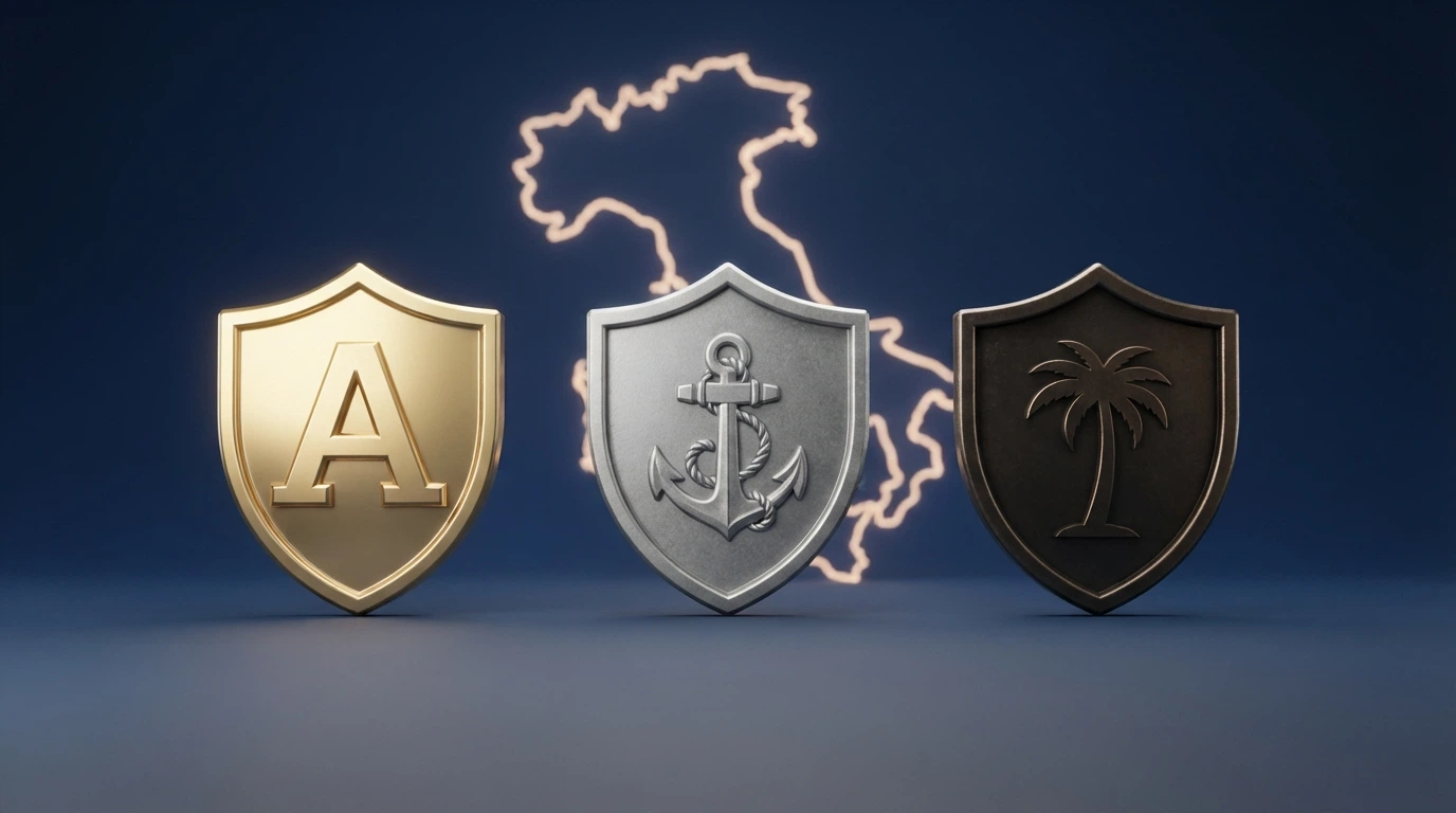 Un confronto visivo tra il logo ADM e i loghi delle licenze Curaçao, Anjouan e Costa Rica, con una mappa dell'Italia sullo sfondo