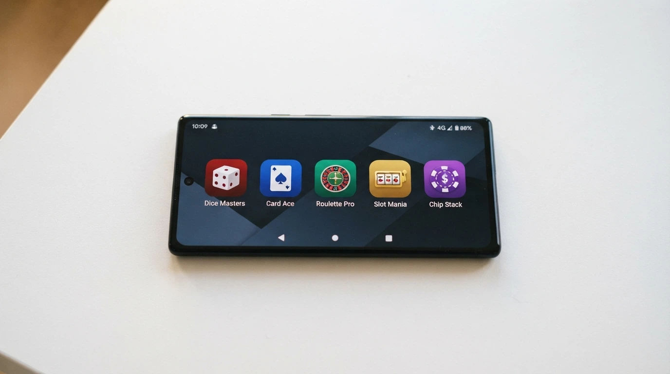 Una vista d'insieme delle icone di cinque app casinò ADM sulla home screen di un telefono Android, disposte in griglia