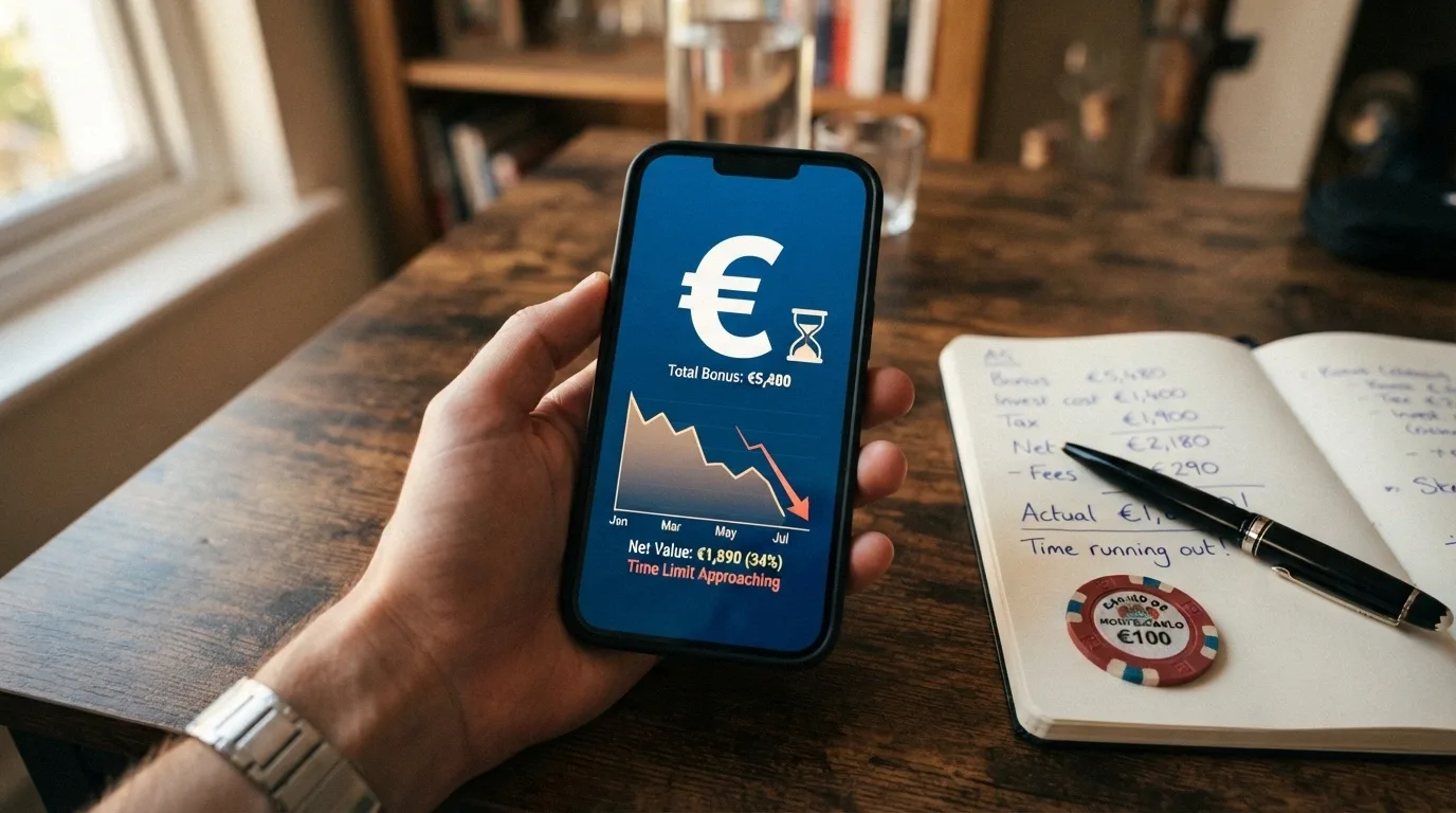 Un calcolatore virtuale accanto a una clessidra e a una carta di credito, con cifre che si riducono progressivamente