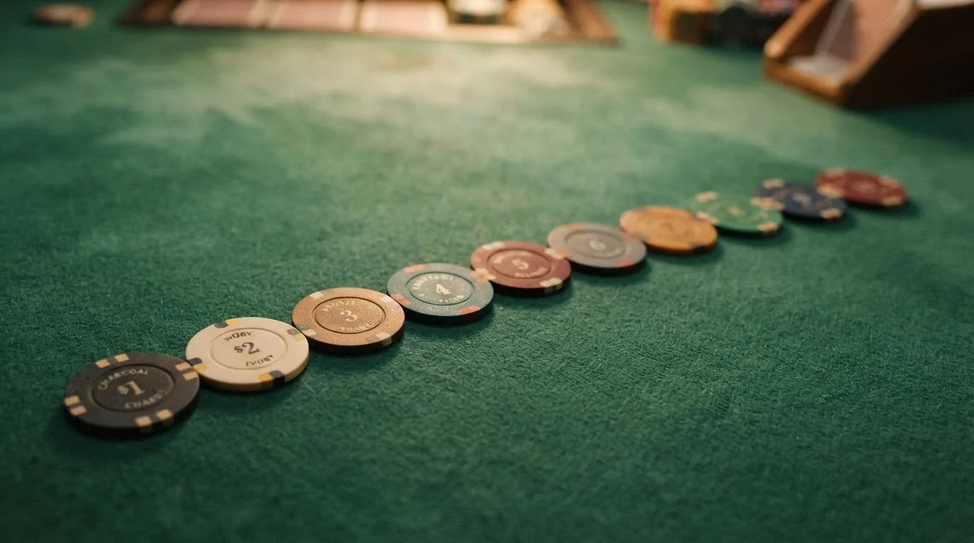 Una fila di 10 pedine da casinò allineate su un tavolo verde, ciascuna con il logo stilizzato di un diverso operatore, in prospettiva