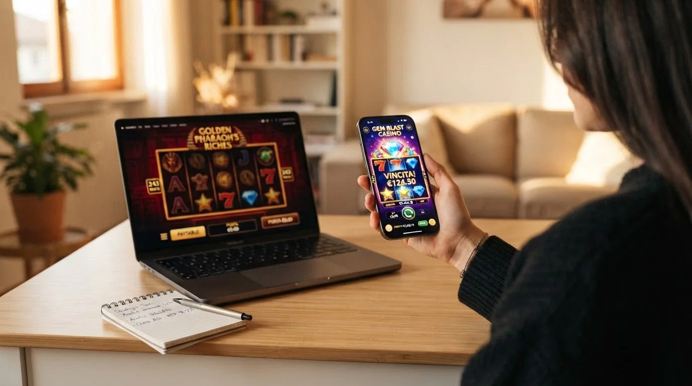 Una tabella comparativa stilizzata con i loghi dei casino ADM recensiti e le slot BTG in evidenza