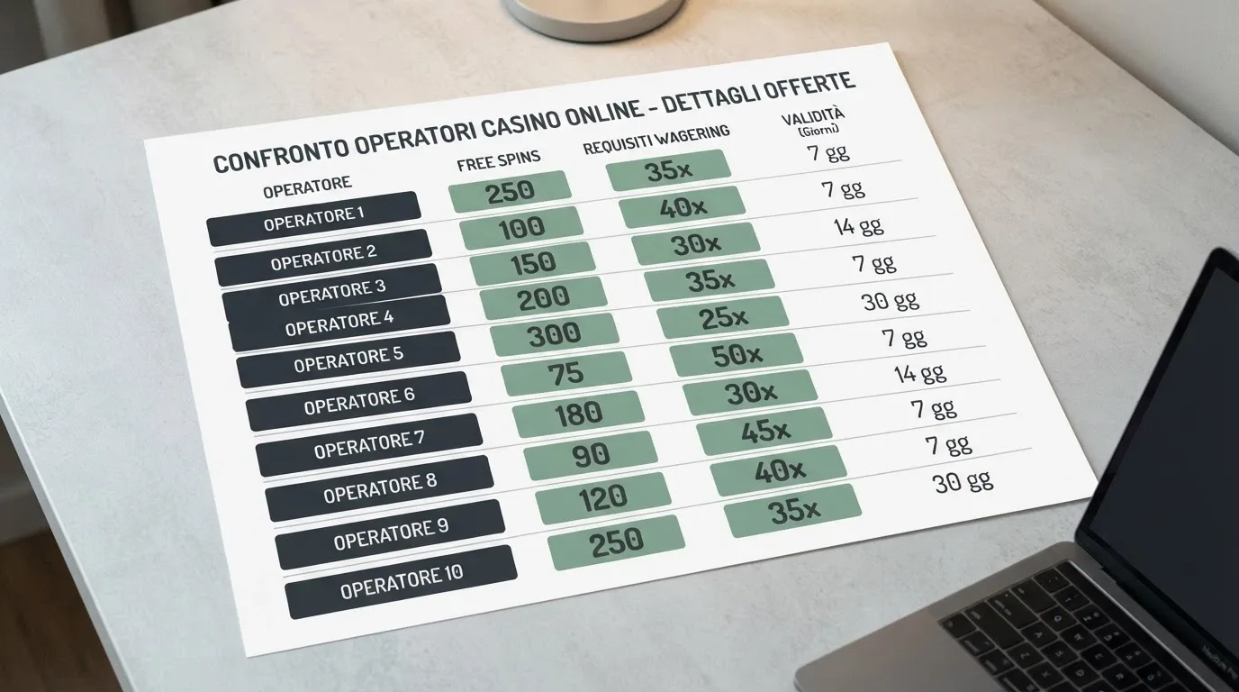 Una tabella comparativa stilizzata con loghi di casinò in una colonna e cifre di giri gratis, wagering e validità nelle colonne accanto