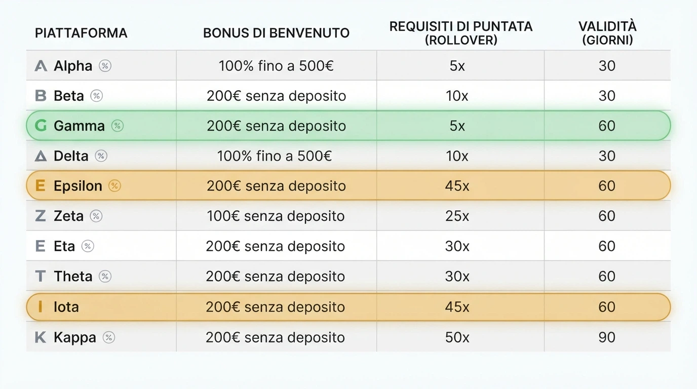Una tabella comparativa stilizzata con le colonne Operatore, Bonus, Rollover e Validità, dove la riga con il rollover più basso (1x) è evidenziata visivamente per mostrare il contrasto con i rollover a 100x.