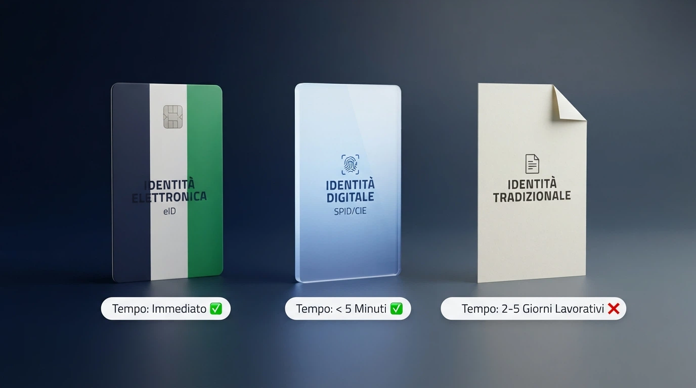 Tre icone affiancate che rappresentano CIE, SPID e registrazione classica, con tempi e documenti richiesti sotto ciascuna