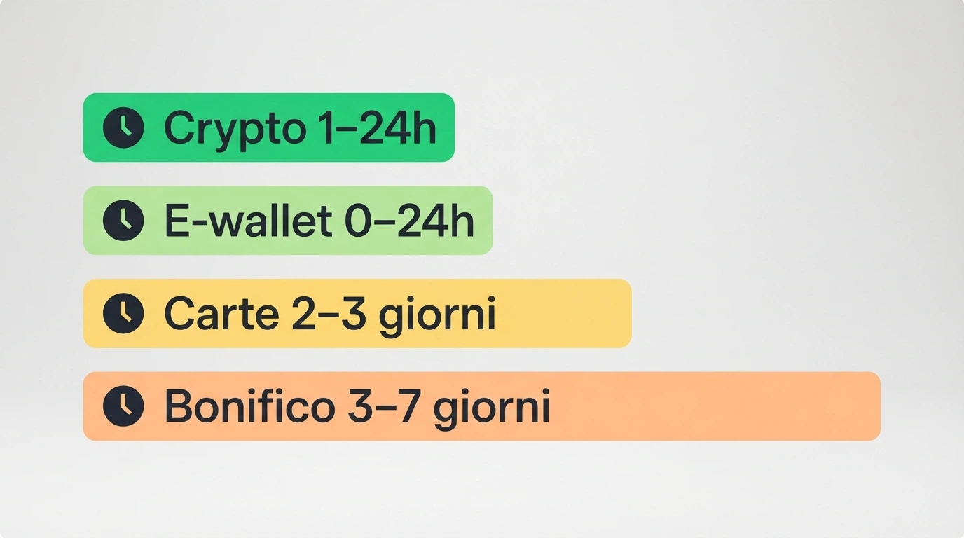 Una tabella comparativa stilizzata con icone di orologi accanto a ciascuna riga, dove le caselle verdi indicano tempi rapidi e quelle gialle tempi medi