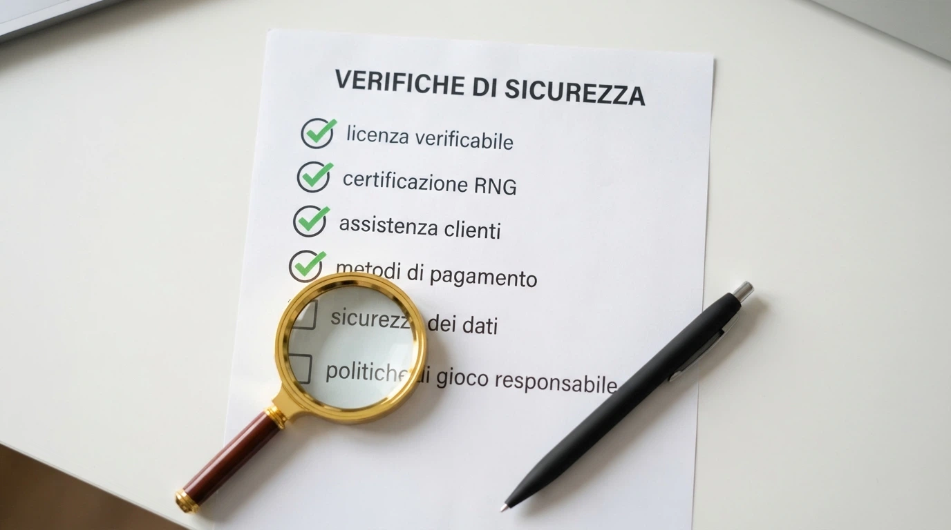 Una lente di ingrandimento su una checklist con voci «licenza verificabile», «certificazione RNG», «assistenza clienti», «metodi di pagamento» barrate con segni di spunta verdi