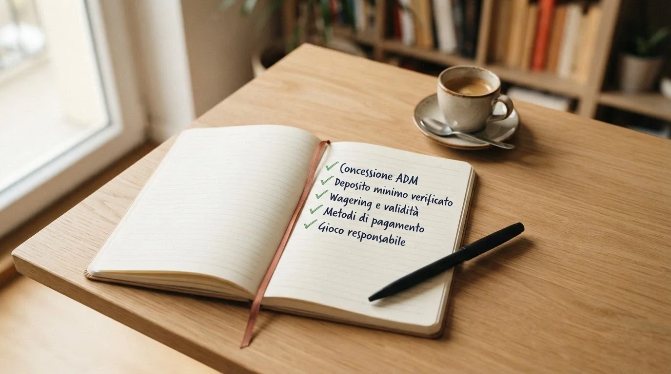 Una checklist visiva con i criteri di valutazione: concessione ADM, deposito minimo, wagering, metodi di pagamento, gioco responsabile