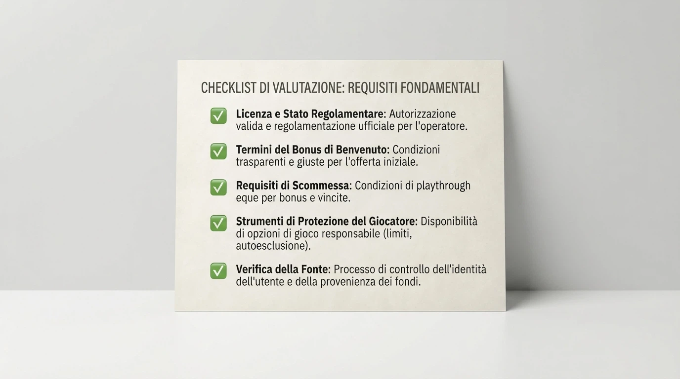 Checklist di valutazione con icone per licenza, bonus, wagering, tutela del giocatore e verifica delle fonti
