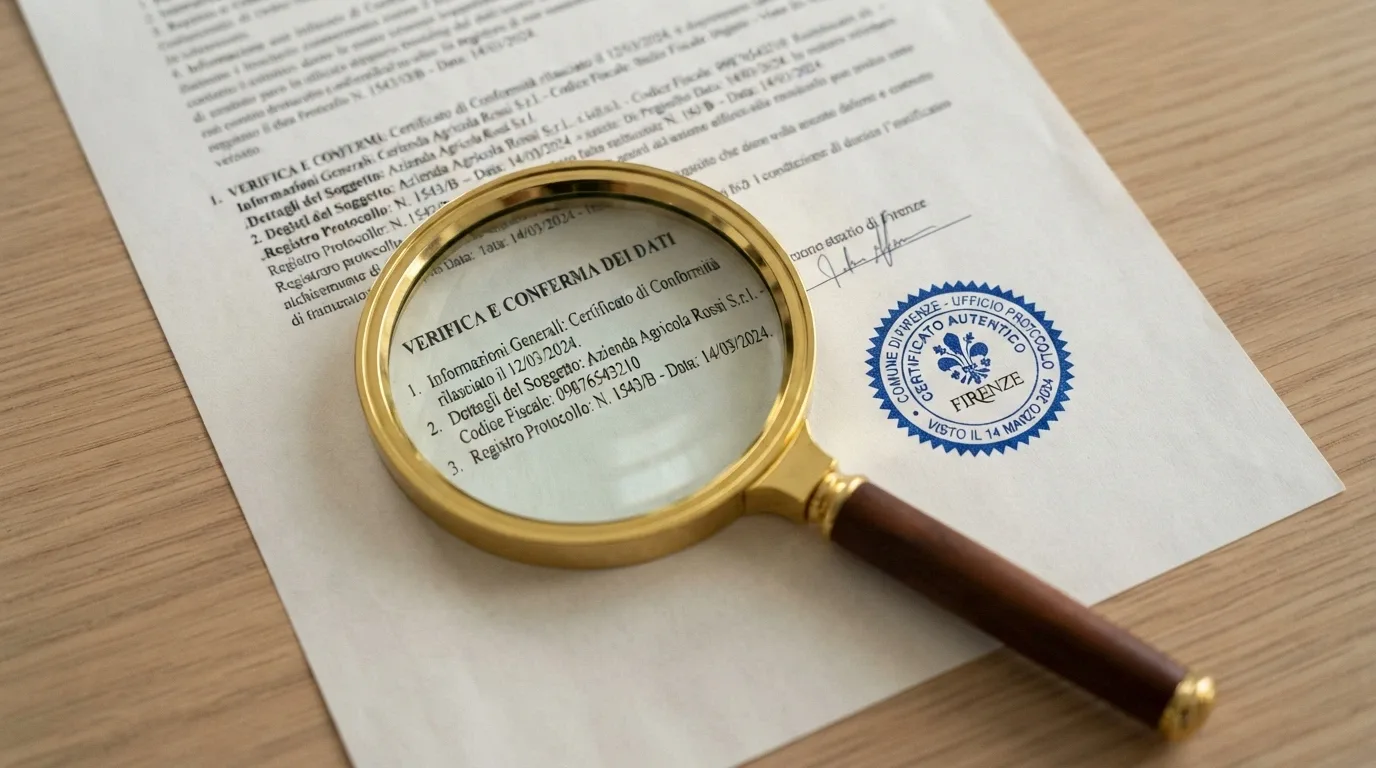 Una lente di ingrandimento su un documento ufficiale con il timbro ADM e l'elenco dei concessionari
