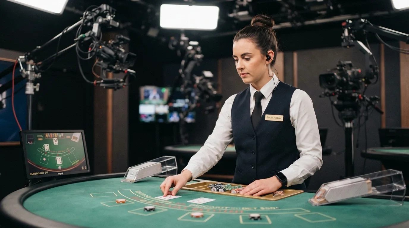 Un croupier professionista in uniforme che gestisce un tavolo live in uno studio con telecamere multiple e illuminazione professionale