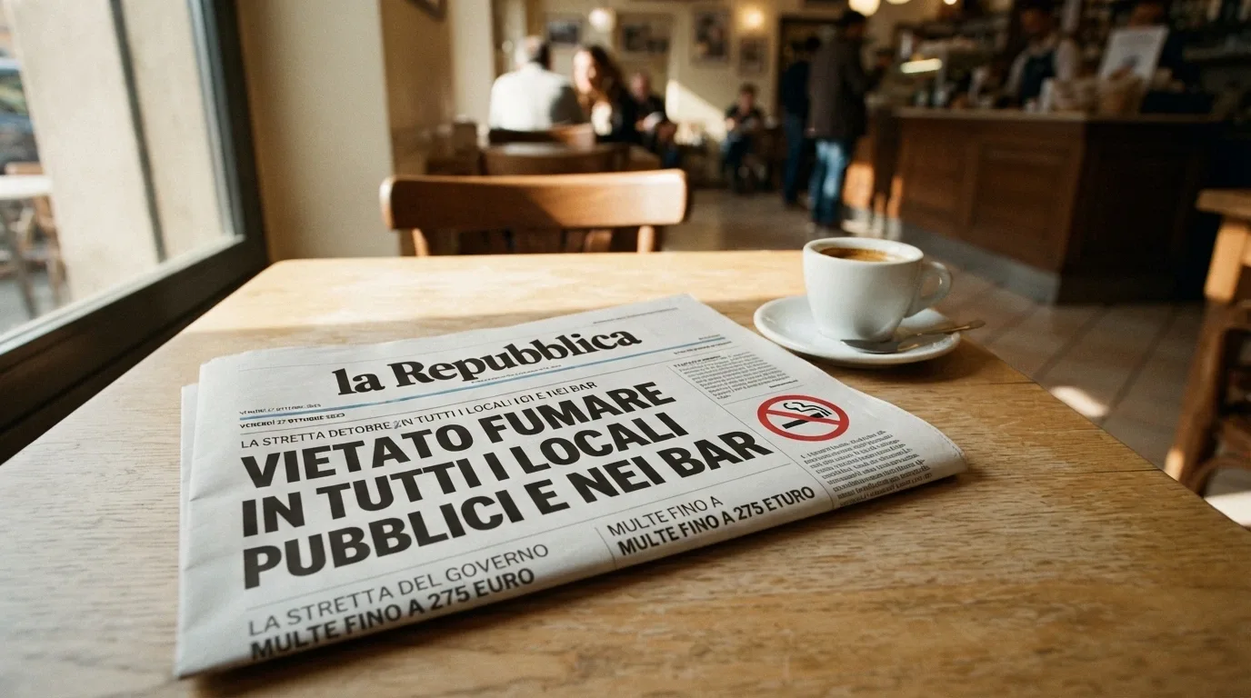 Una pagina di quotidiano o un dispositivo con un messaggio di divieto pubblicitario, in tono sobrio