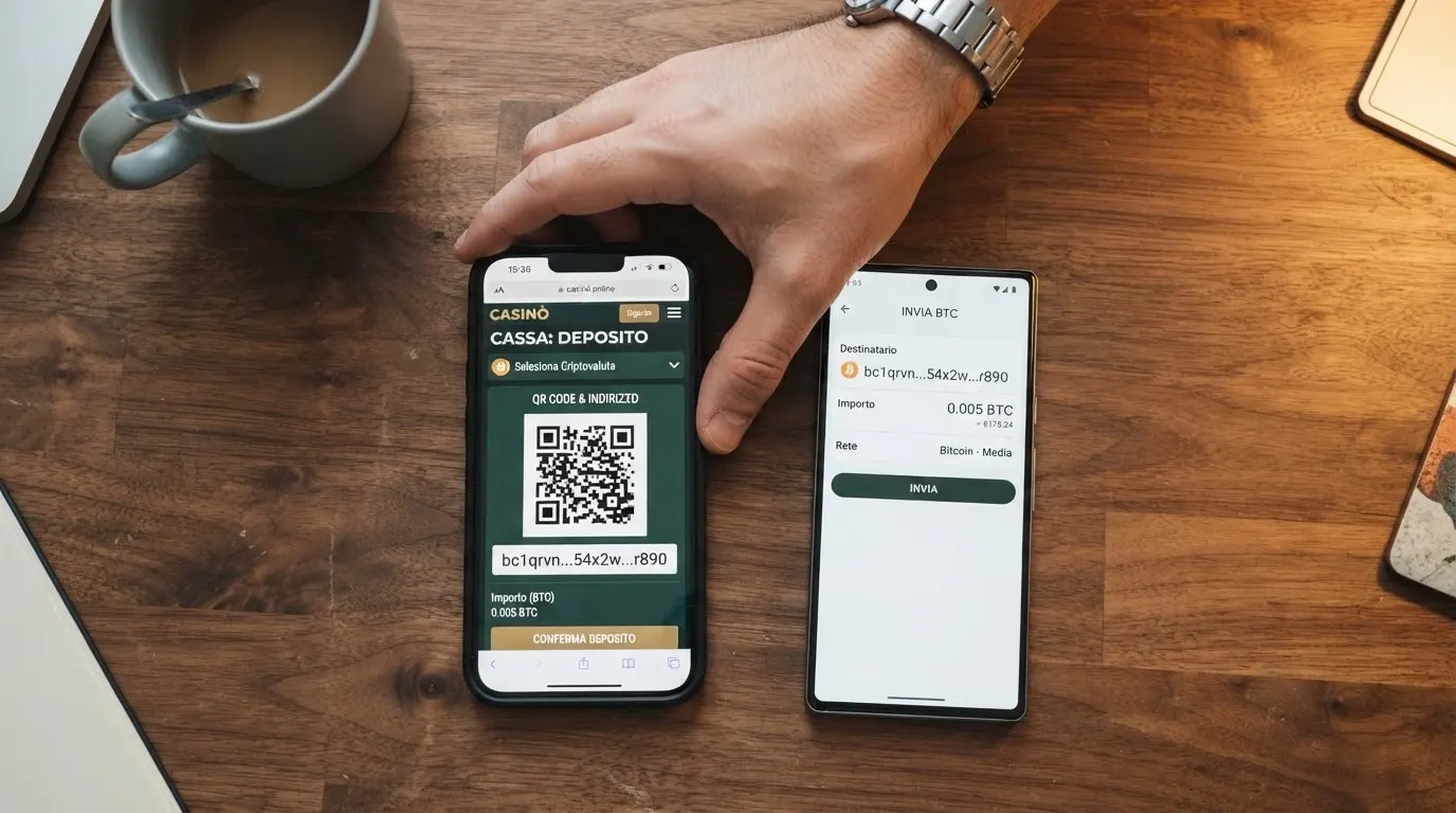 L'interfaccia di deposito di un casinò online con un codice QR e l'indirizzo Bitcoin in evidenza, affiancata da un wallet mobile