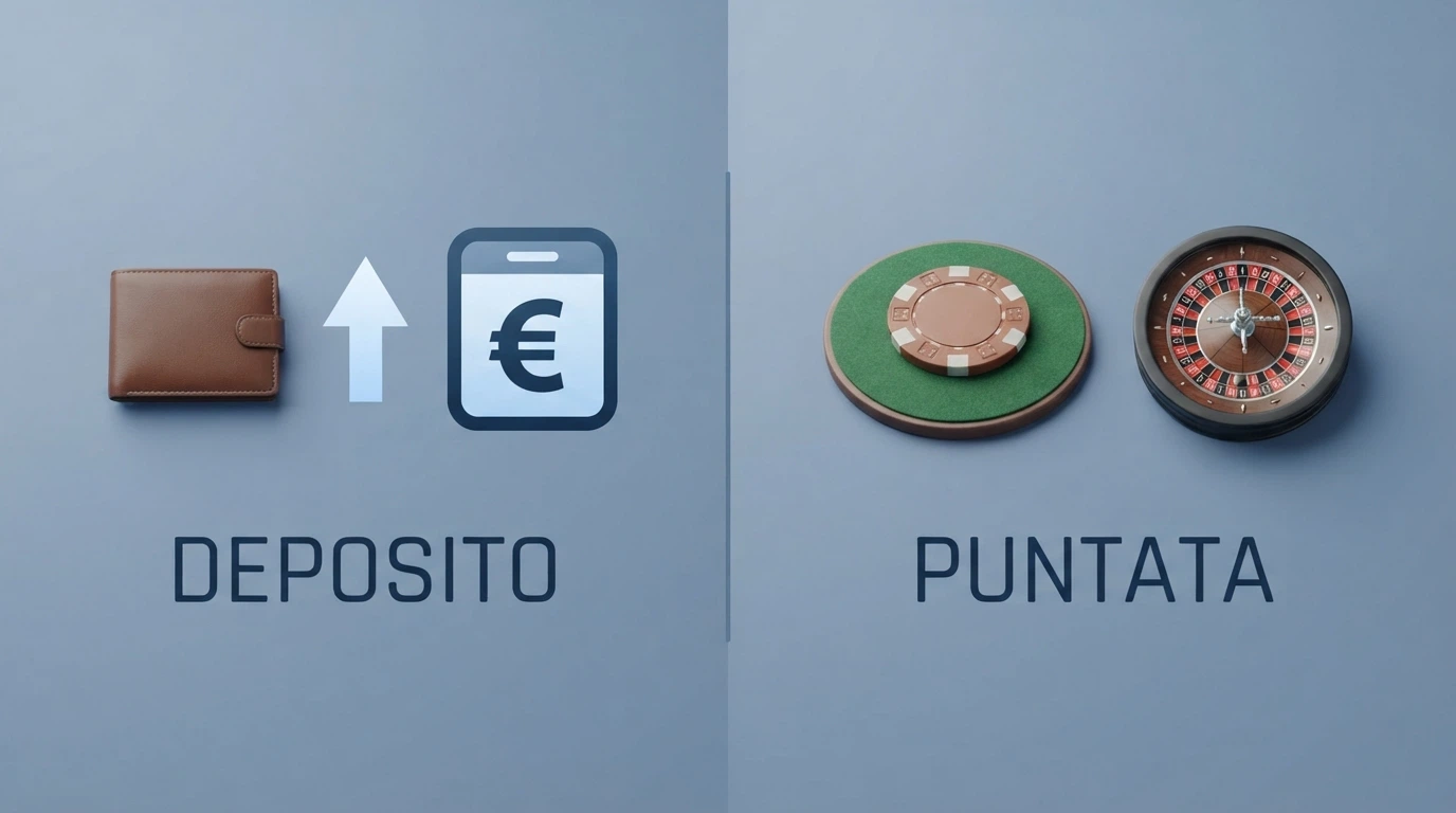 Due colonne affiancate: a sinistra un portafoglio con una freccia verso un conto gioco (deposito), a destra una fiche da casinò su un tavolo da gioco (puntata).