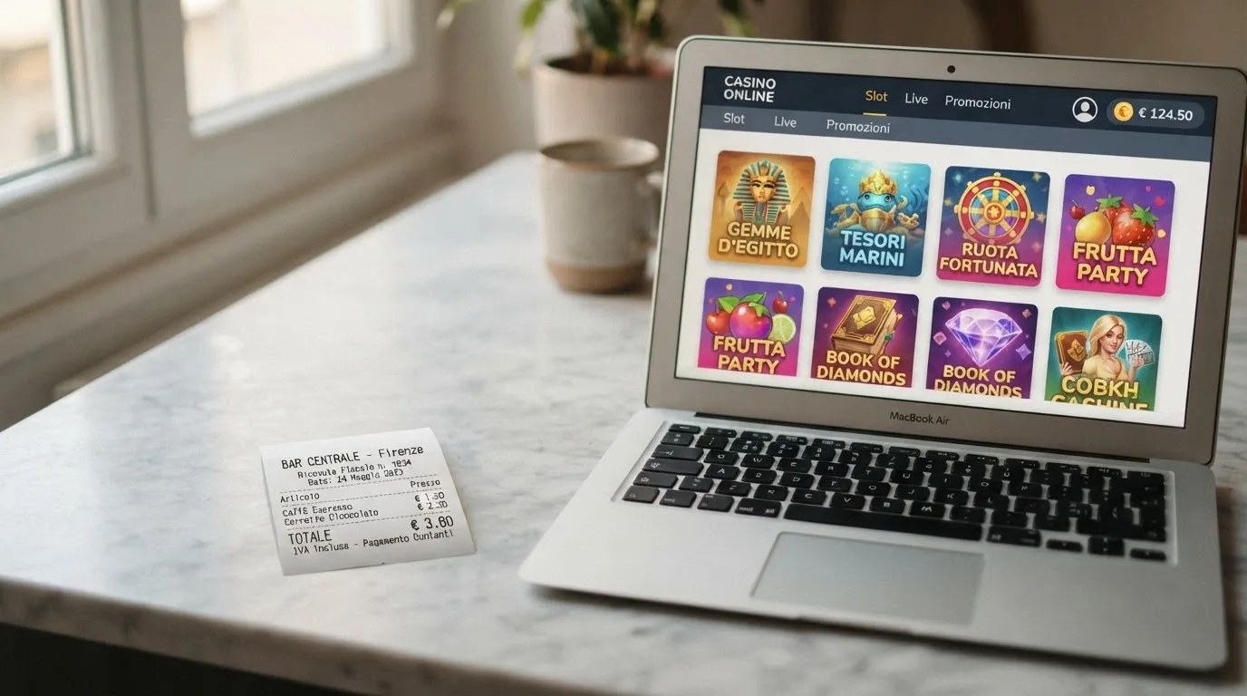 Una ricevuta di ricarica presso un punto vendita fisico accanto allo schermo di un casinò online ADM