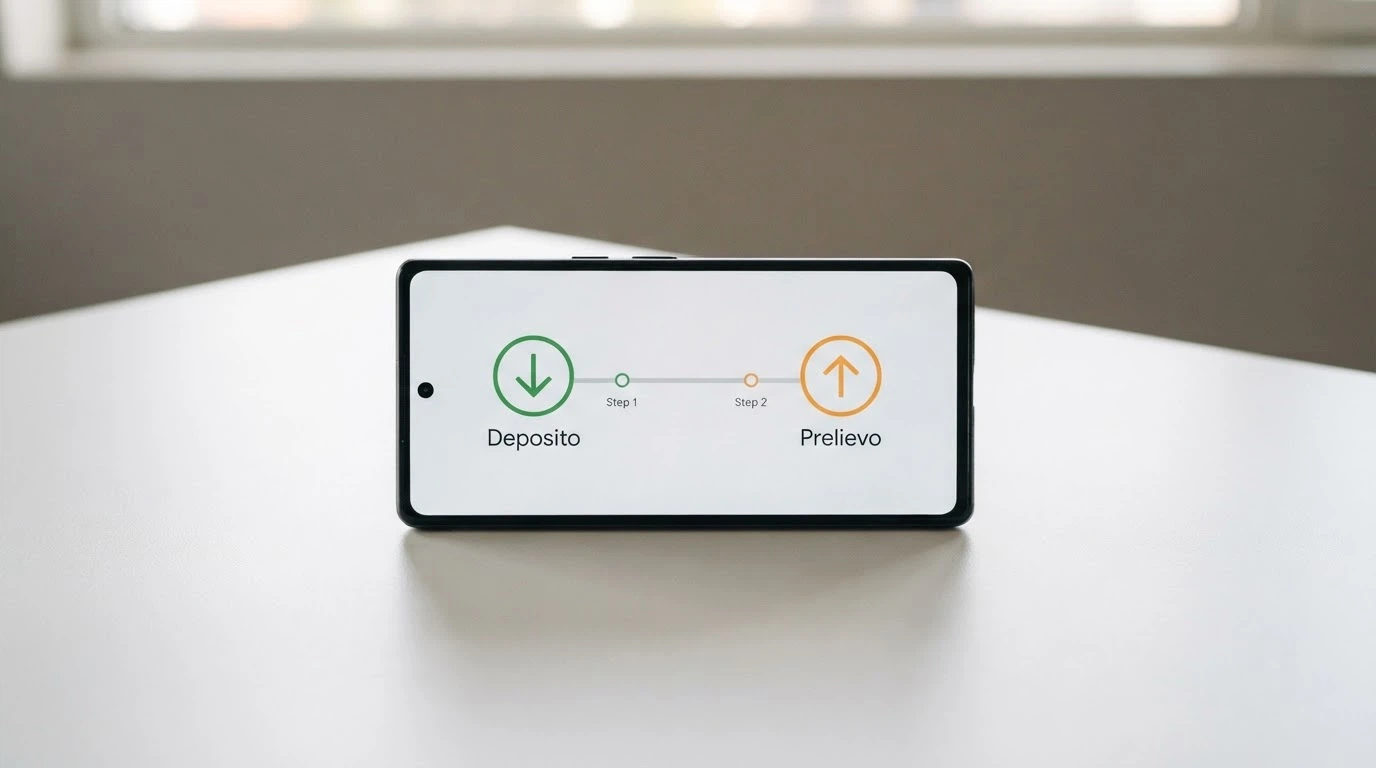 Lo schermo di uno smartphone che mostra le fasi di un deposito e di un prelievo con Bancoposta, con le icone delle frecce in entrata e in uscita