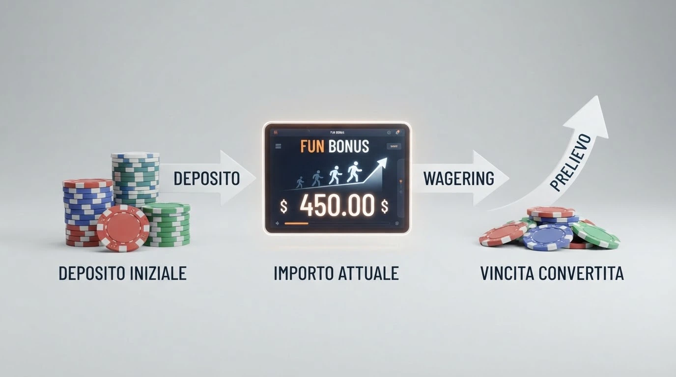 Schema a tre fasi che illustra il passaggio da deposito a Fun Bonus, da Fun Bonus a Real Bonus tramite wagering, e da Real Bonus a prelievo