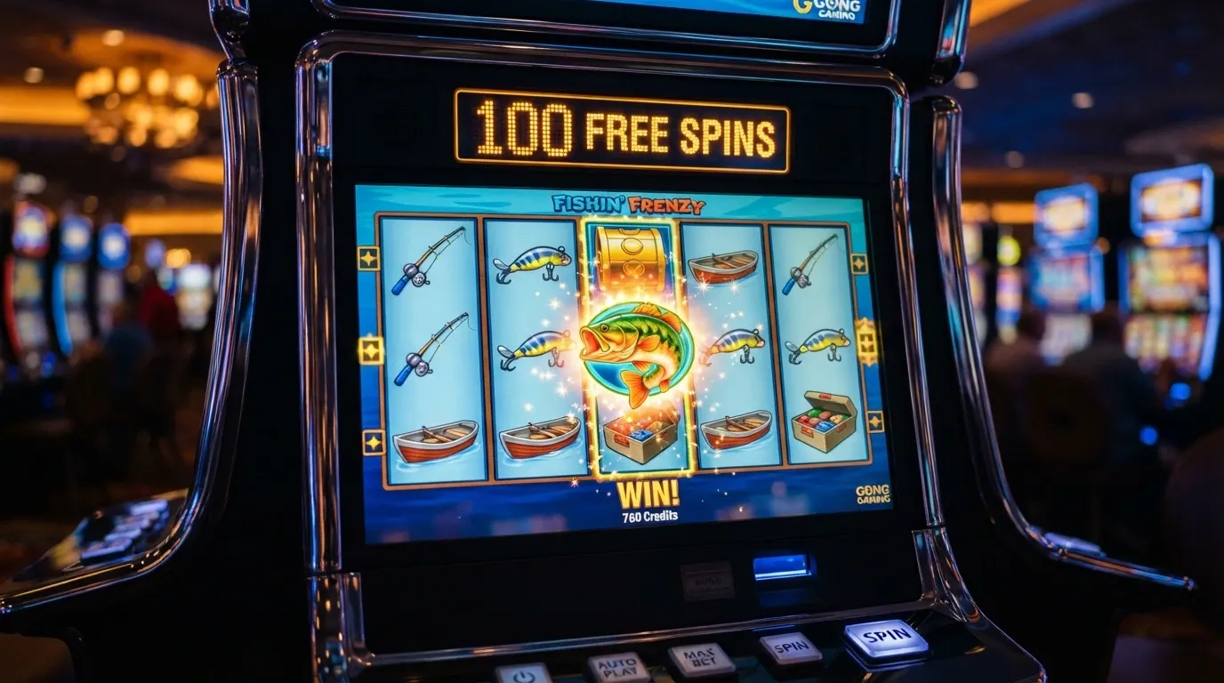 Una slot machine con il simbolo scatter e un bass in evidenza, contatore «100 free spin» e rullo fermo su una combinazione vincente