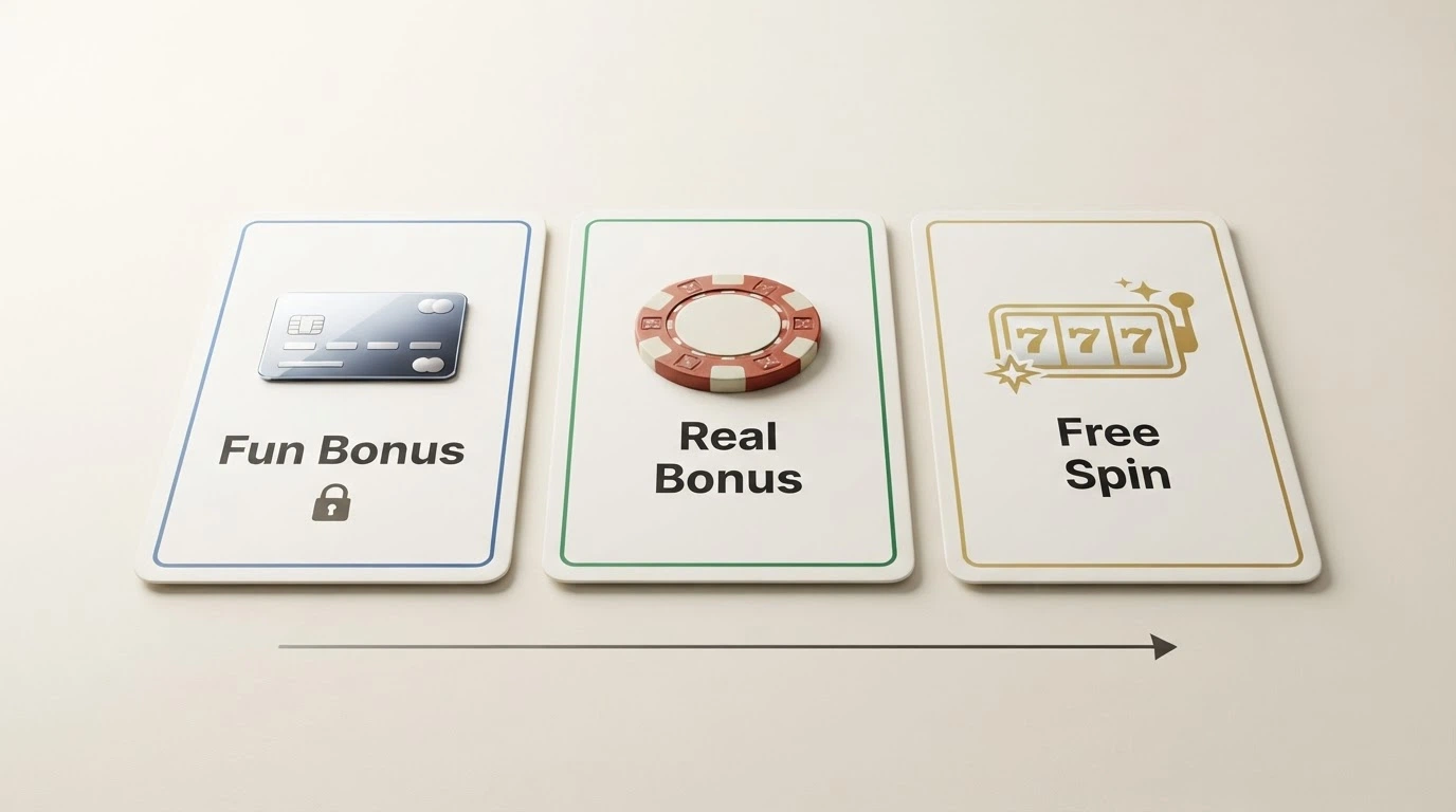 Tre riquadri che illustrano le differenze tra fun bonus, real bonus e free spin con le rispettive condizioni di conversione