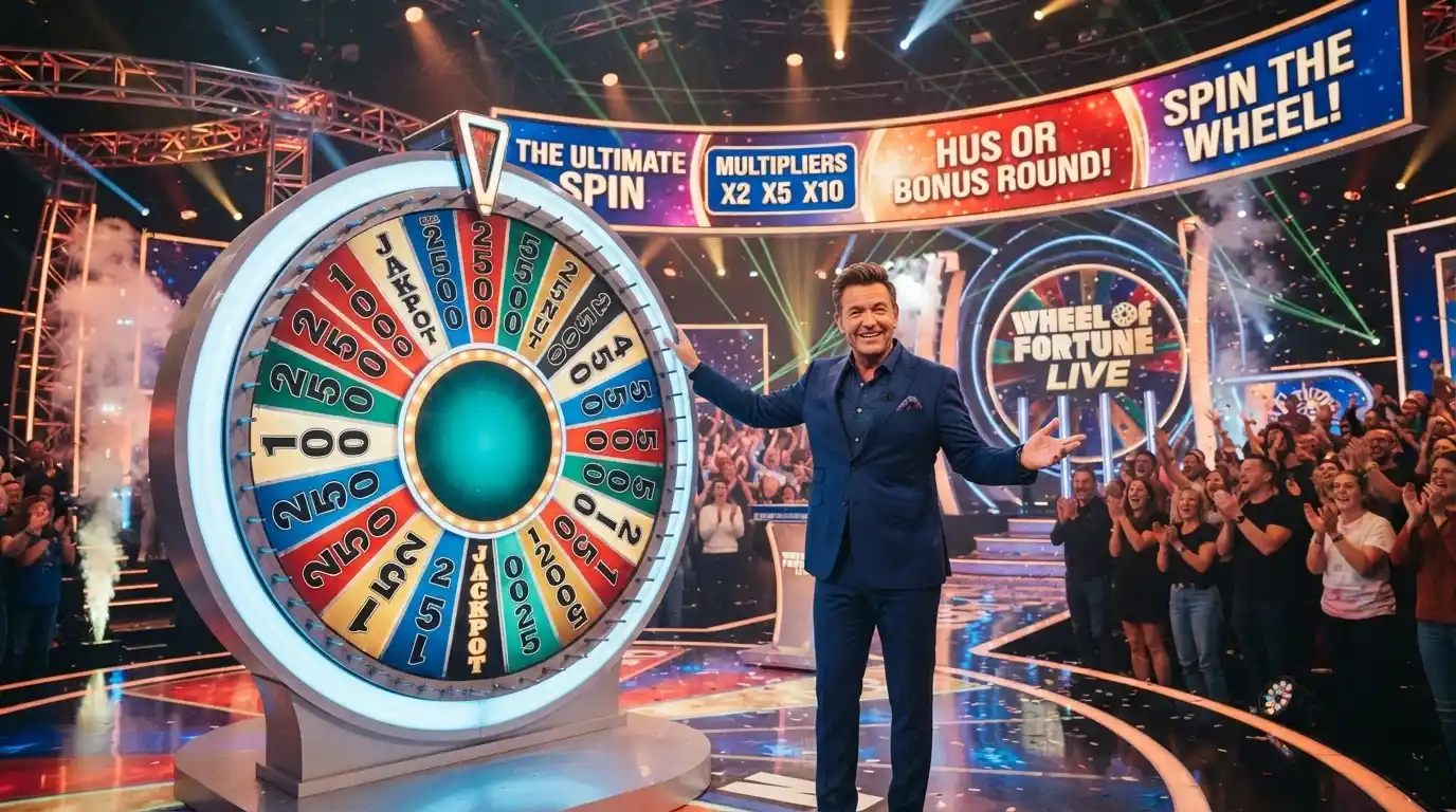 Un game show live in stile Crazy Time con una grande ruota della fortuna colorata, presentatore in studio e interfaccia di puntata