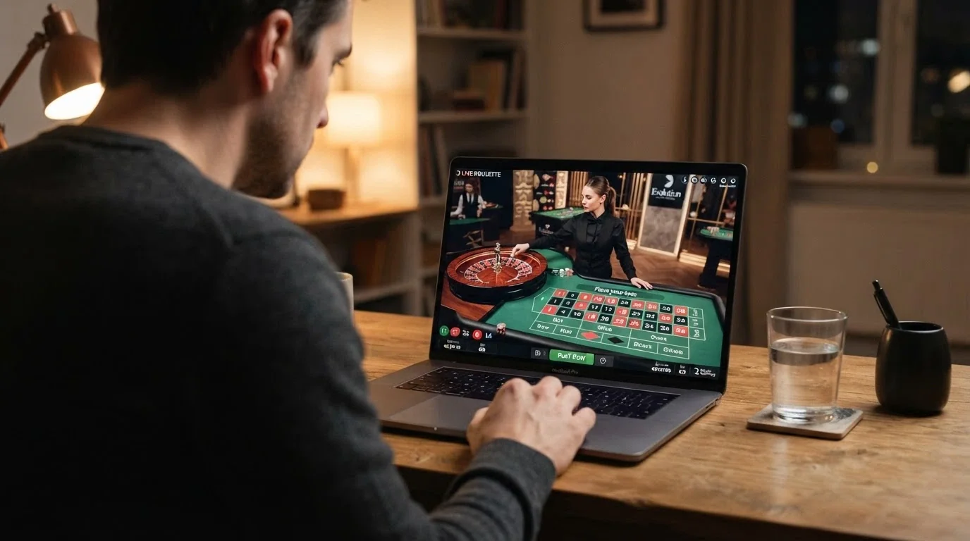 Tavolo di roulette live con croupier in streaming e interfaccia di scommessa su schermo