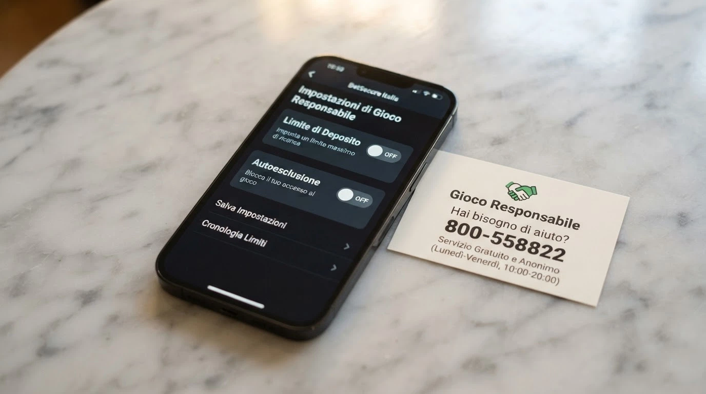 Il logo del Telefono Verde 800-558822 accanto all'interfaccia di un casinò crypto, con un interruttore spento etichettato «RUA»