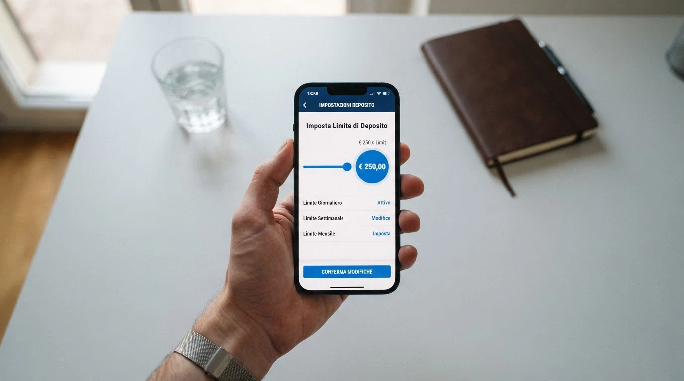 Una mano che imposta un limite di deposito sullo schermo di uno smartphone, con il logo RUA visibile