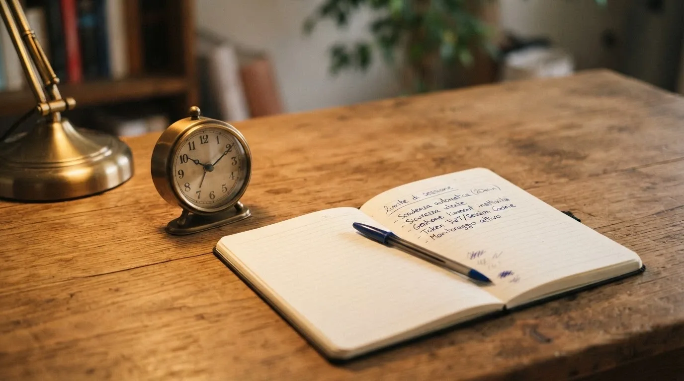 Un orologio da tavolo accanto a un foglio con la scritta «limite di sessione» e una penna, su una scrivania in legno caldo