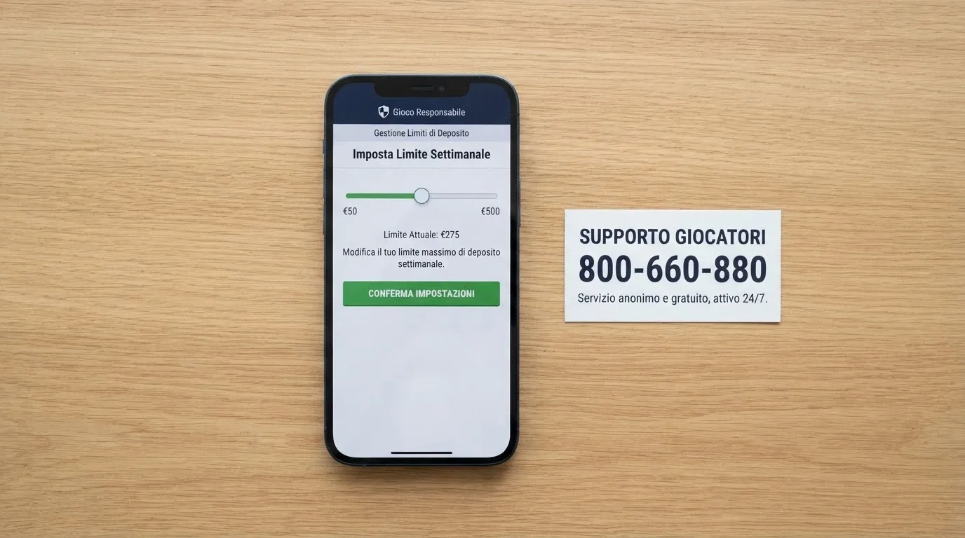 Uno smartphone con la schermata dell'area «Limiti di deposito» di un casinò ADM, con accanto il logo del RUA e il numero verde 800 55 88 22