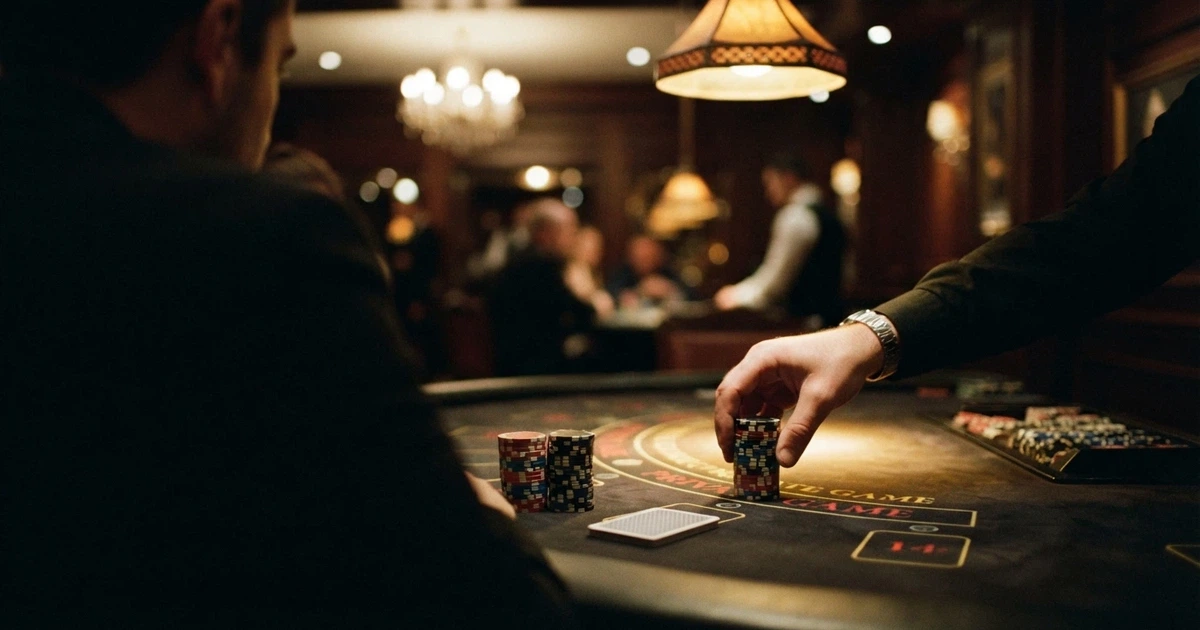 Un tavolo da casinò con fiches alte illuminate da una luce calda, mani di un giocatore che dispone le puntate