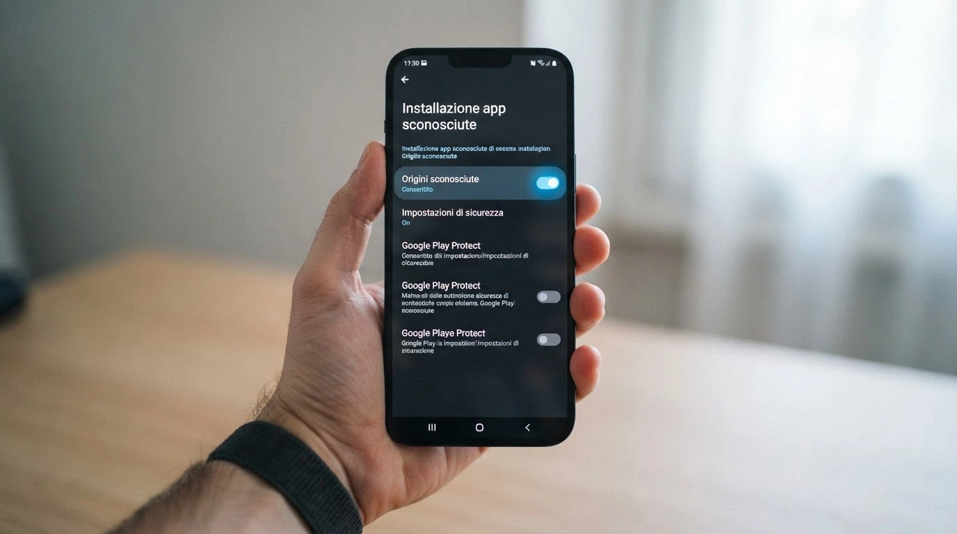 Il menu «Installa da origini sconosciute» delle impostazioni Android con l'interruttore in posizione attiva, su sfondo scuro