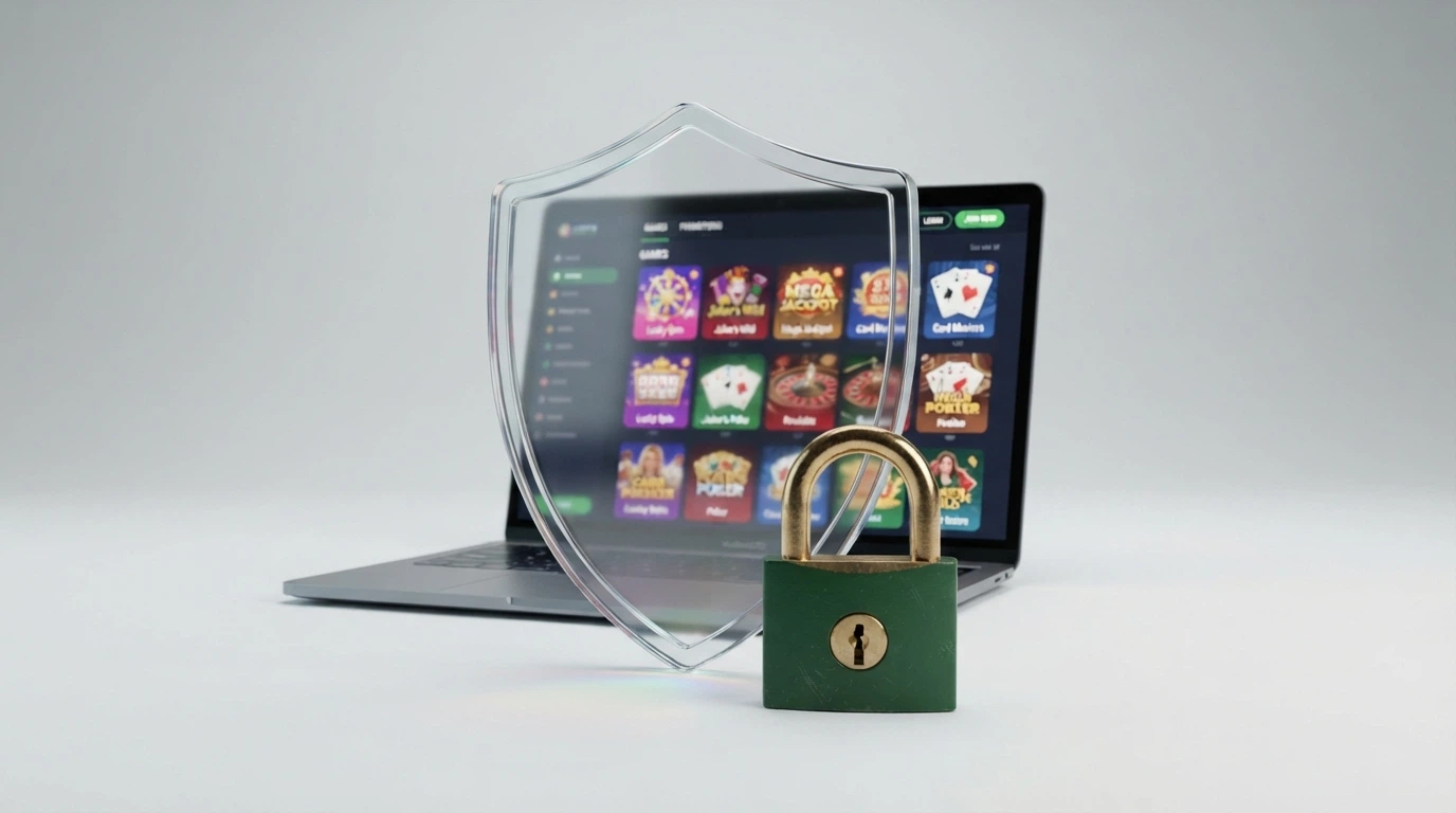 Il logo ufficiale ADM impresso su uno scudo trasparente sovrapposto alla schermata di un casinò online, con un lucchetto verde in primo piano