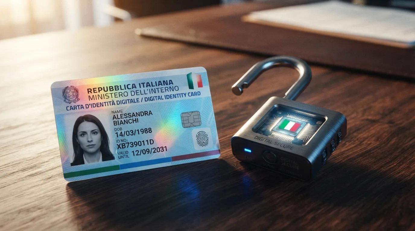 Il logo ufficiale ADM (Agenzia delle Dogane e dei Monopoli) su una tessera con ologramma, accostato a un lucchetto digitale aperto che mostra all'interno un microchip con la bandiera italiana