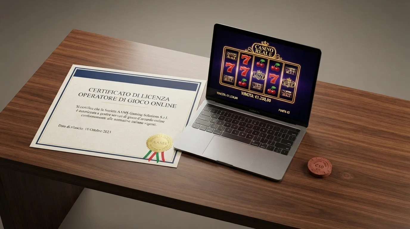 Un documento ufficiale con sigillo ADM posato su un tavolo accanto a un laptop aperto su un casinò online