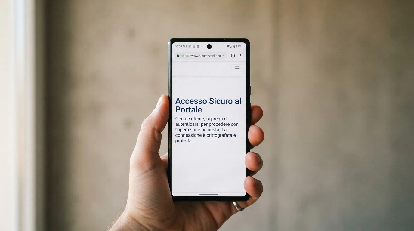 Primo piano dello schermo di un iPhone che mostra il logo ADM e l'icona di un lucchetto nella barra dell'indirizzo del browser.