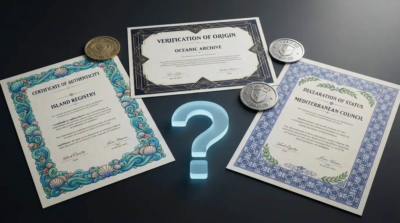 Un collage di certificati e sigilli di licenze internazionali (Curaçao eGaming, MGA) disposti su uno sfondo scuro con un punto interrogativo al centro